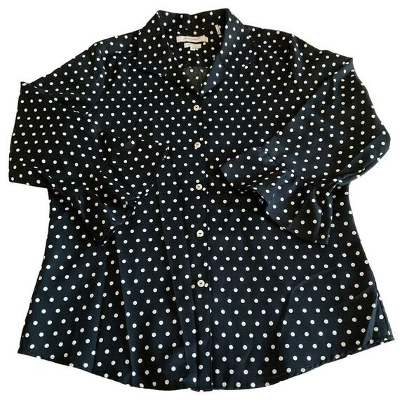 Foxcroft NYC Blouse Cotton Button Down Black White Polka Dots Fitted Size 14 - Picture 7 of 9